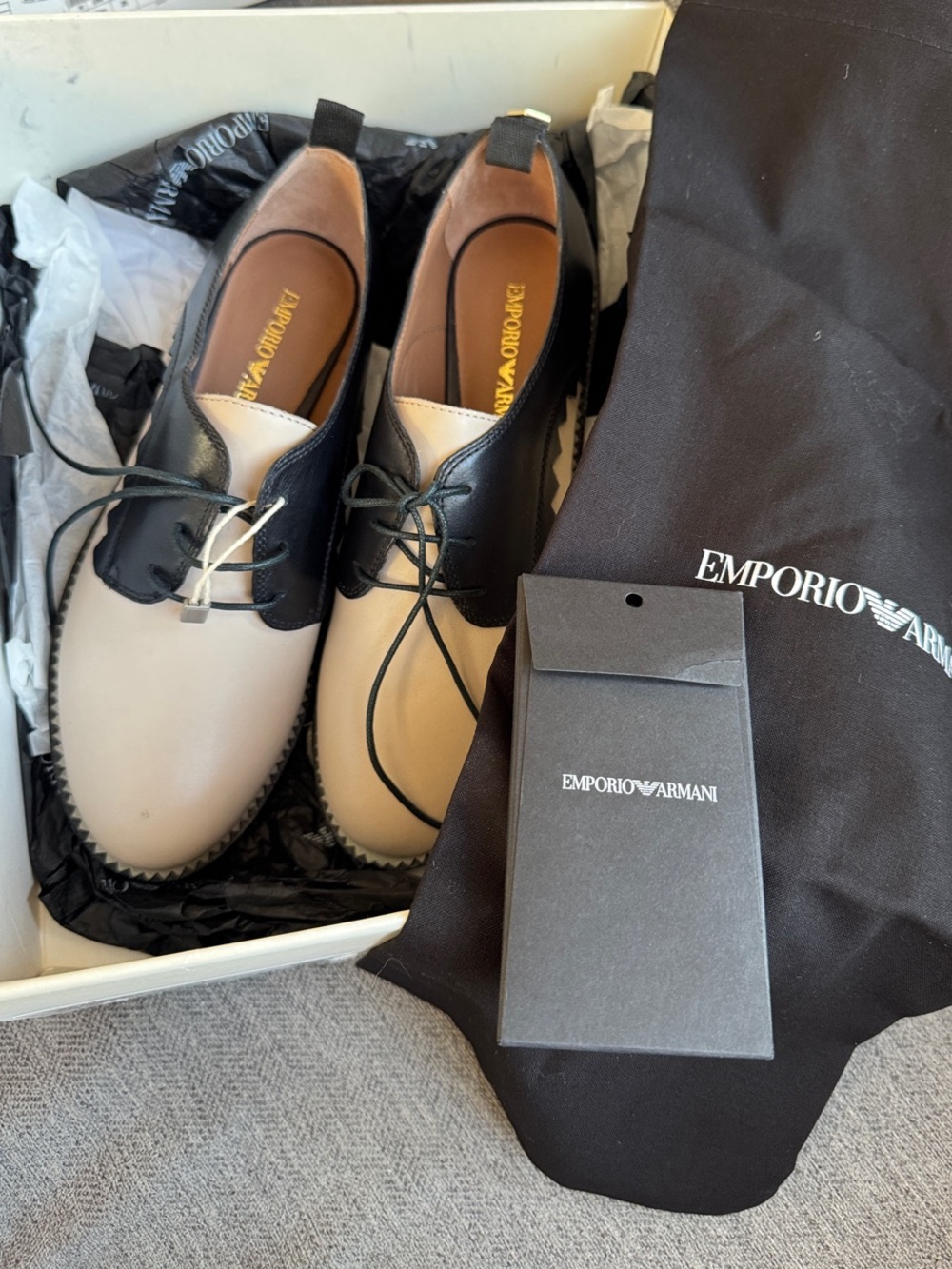 Emporio Armani Two-Tone Black and Cream Lace-Up Flats